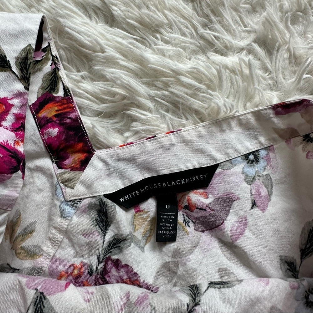 White House Black Market Floral Blouse Size 0 White Pink Bell Sleeve - Picture 6 of 12